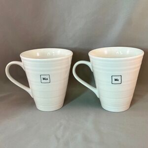 East of India Mr & Mrs Mug Set Cream White Ribbed Porcelain Good Condition